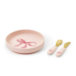 Silikontallrik med bestick - Rosy Bow